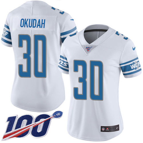 Nike Lions #30 Jeff Okudah White Women's Stitched NFL 100th Season Vapor Untouchable Limited Jersey