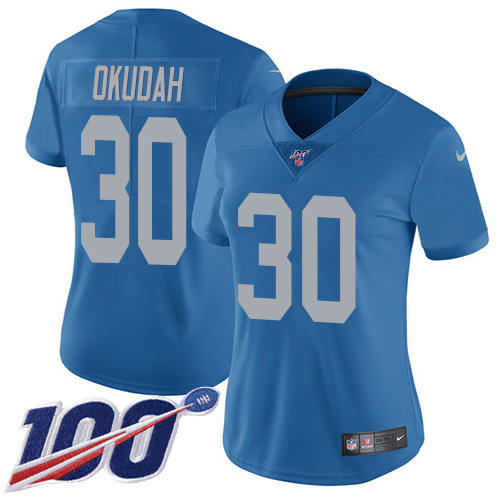 Nike Lions #30 Jeff Okudah Blue Throwback Women's Stitched NFL 100th Season Vapor Untouchable Limited Jersey