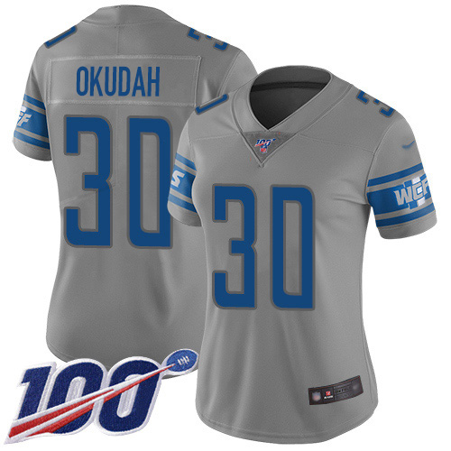 Nike Lions #30 Jeff Okudah Gray Women's Stitched NFL Limited Inverted Legend 100th Season Jersey