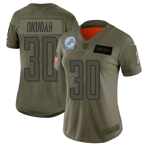 Nike Lions #30 Jeff Okudah Camo Women's Stitched NFL Limited 2019 Salute To Service Jersey