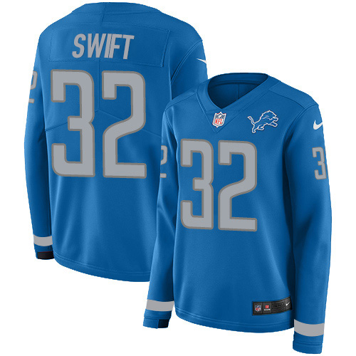 Nike Lions #32 D'Andre Swift Blue Team Color Women's Stitched NFL Limited Therma Long Sleeve Jersey