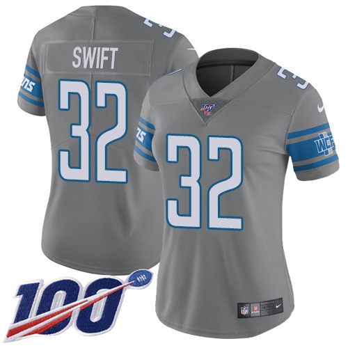 Nike Lions #32 D'Andre Swift Gray Women's Stitched NFL Limited Rush 100th Season Jersey