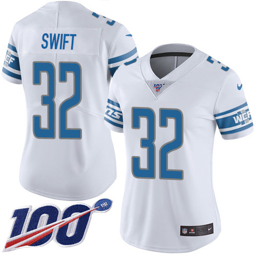 Nike Lions #32 D'Andre Swift White Women's Stitched NFL 100th Season Vapor Untouchable Limited Jersey