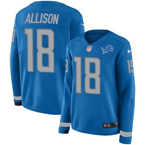 Nike Lions #18 Geronimo Allison Blue Team Color Women's Stitched NFL Limited Therma Long Sleeve Jersey
