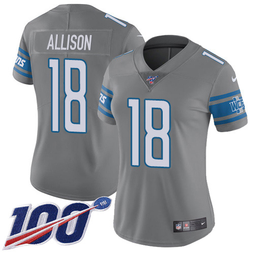Nike Lions #18 Geronimo Allison Gray Women's Stitched NFL Limited Rush 100th Season Jersey