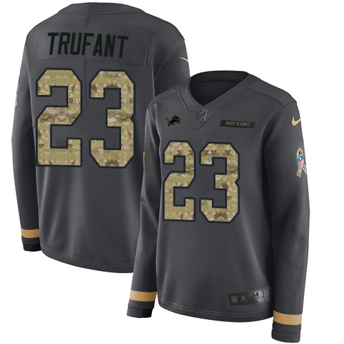 Nike Lions #23 Desmond Trufant Anthracite Salute to Service Women's Stitched NFL Limited Therma Long Sleeve Jersey