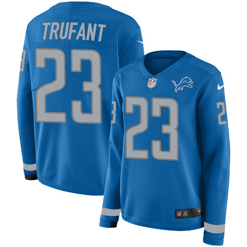 Nike Lions #23 Desmond Trufant Blue Team Color Women's Stitched NFL Limited Therma Long Sleeve Jersey Nike Lions #23 Desmond Trufant Blue Team Color Women's Stitched NFL Limited Therma Long Sleeve Jersey