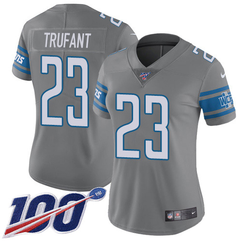 Nike Lions #23 Desmond Trufant Gray Women's Stitched NFL Limited Rush 100th Season Jersey