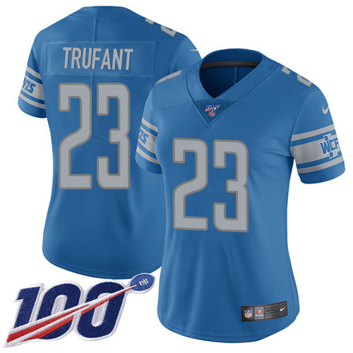 Nike Lions #23 Desmond Trufant Blue Team Color Women's Stitched NFL 100th Season Vapor Untouchable Limited Jersey
