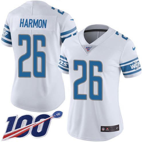 Nike Lions #26 Duron Harmon White Women's Stitched NFL 100th Season Vapor Untouchable Limited Jersey