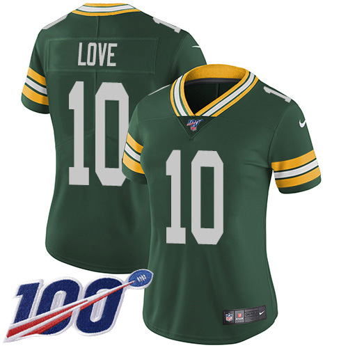 Nike Packers #10 Jordan Love Green Team Color Women's Stitched NFL 100th Season Vapor Untouchable Limited Jersey