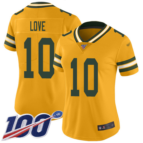 Nike Packers #10 Jordan Love Gold Women's Stitched NFL Limited Inverted Legend 100th Season Jersey