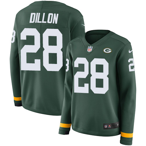 Nike Packers #28 AJ Dillon Green Team Color Women's Stitched NFL Limited Therma Long Sleeve Jersey