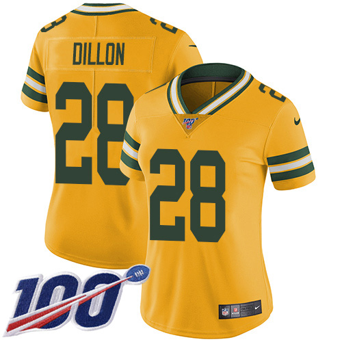 Nike Packers #28 AJ Dillon Yellow Women's Stitched NFL Limited Rush 100th Season Jersey