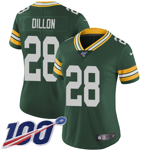 Nike Packers #28 AJ Dillon Green Team Color Women's Stitched NFL 100th Season Vapor Untouchable Limited Jersey