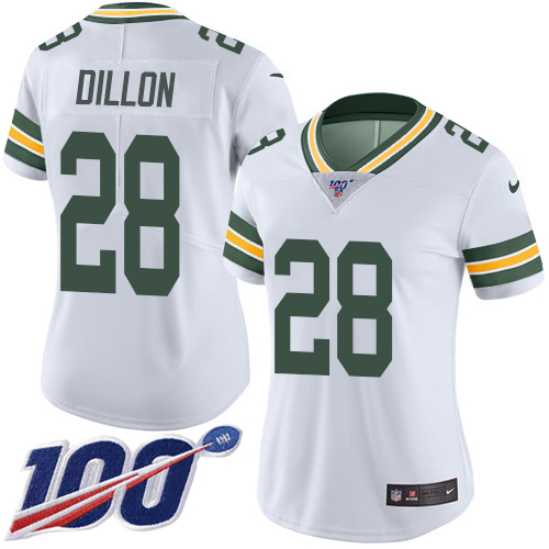 Nike Packers #28 AJ Dillon White Women's Stitched NFL 100th Season Vapor Untouchable Limited Jersey