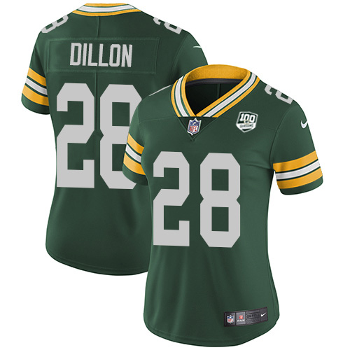 Nike Packers #28 AJ Dillon Green Team Color Women's 100th Season Stitched NFL Vapor Untouchable Limited Jersey