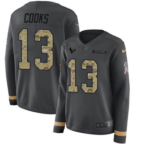 Nike Texans #13 Brandin Cooks Anthracite Salute to Service Women's Stitched NFL Limited Therma Long Sleeve Jersey