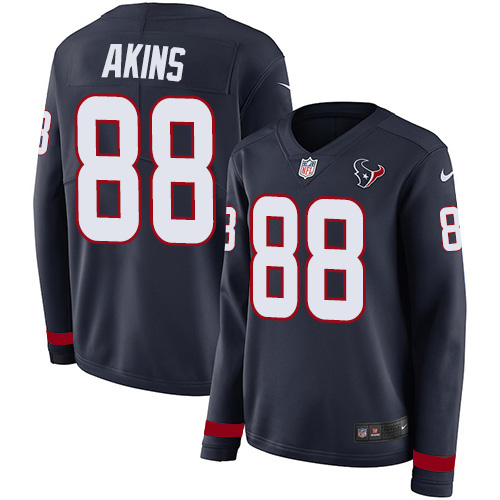 Nike Texans #88 Jordan Akins Navy Blue Team Color Women's Stitched NFL Limited Therma Long Sleeve Jersey