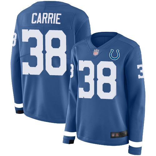 Nike Colts #38 T.J. Carrie Royal Blue Team Color Women's Stitched NFL Limited Therma Long Sleeve Jersey