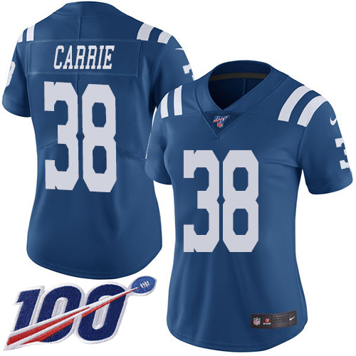 Nike Colts #38 T.J. Carrie Royal Blue Women's Stitched NFL Limited Rush 100th Season Jersey