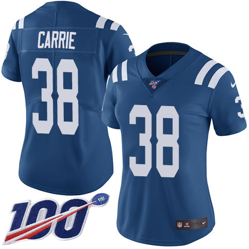 Nike Colts #38 T.J. Carrie Royal Blue Team Color Women's Stitched NFL 100th Season Vapor Untouchable Limited Jersey