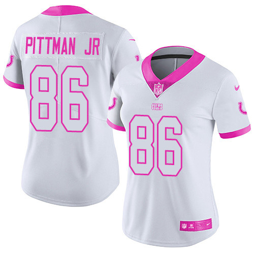 Nike Colts #86 Michael Pittman Jr. White/Pink Women's Stitched NFL Limited Rush Fashion Jersey