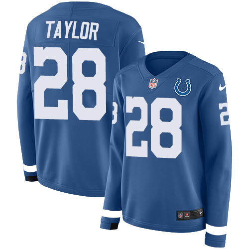 Nike Colts #28 Jonathan Taylor Royal Blue Team Color Women's Stitched NFL Limited Therma Long Sleeve Jersey