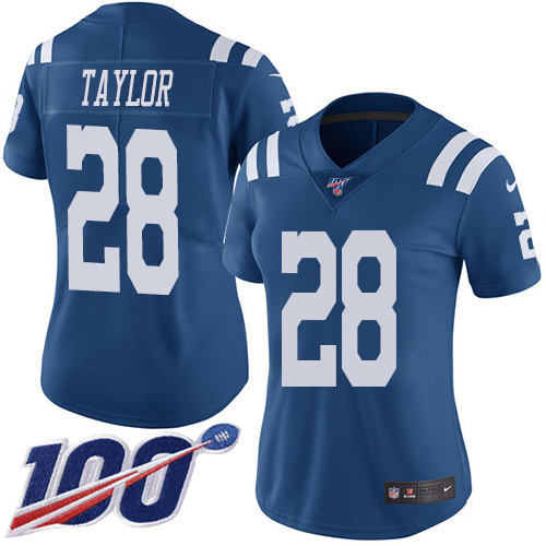 Nike Colts #28 Jonathan Taylor Royal Blue Women's Stitched NFL Limited Rush 100th Season Jersey