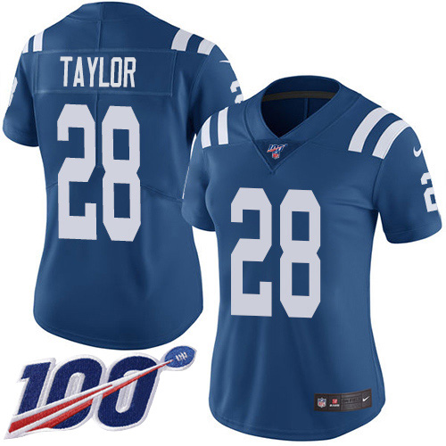 Nike Colts #28 Jonathan Taylor Royal Blue Team Color Women's Stitched NFL 100th Season Vapor Untouchable Limited Jersey
