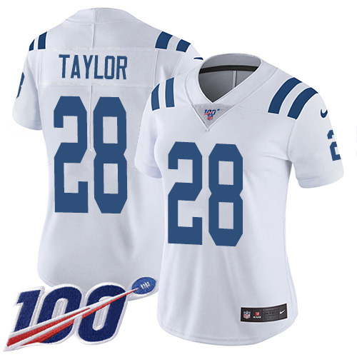 Nike Colts #28 Jonathan Taylor White Women's Stitched NFL 100th Season Vapor Untouchable Limited Jersey