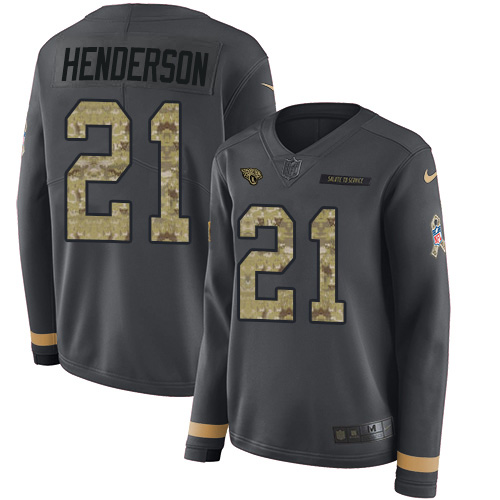 Nike Jaguars #21 C.J. Henderson Anthracite Salute to Service Women's Stitched NFL Limited Therma Long Sleeve Jersey