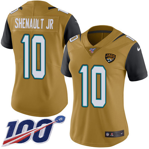 Nike Jaguars #10 Laviska Shenault Jr. Gold Women's Stitched NFL Limited Rush 100th Season Jersey