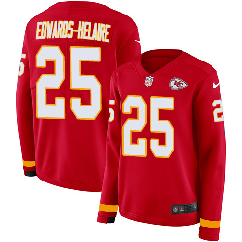 Nike Chiefs #25 Clyde Edwards-Helaire Red Team Color Women's Stitched NFL Limited Therma Long Sleeve Jersey
