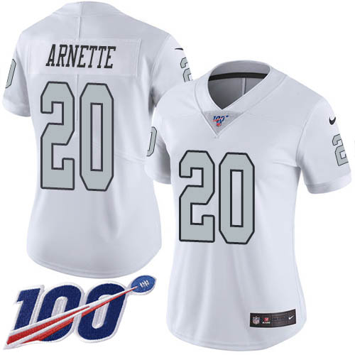Nike Raiders #20 Damon Arnette White Women's Stitched NFL Limited Rush 100th Season Jersey