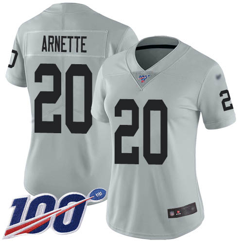 Nike Raiders #20 Damon Arnette Silver Women's Stitched NFL Limited Inverted Legend 100th Season Jersey Nike Raiders #20 Damon Arnette Silver Women's Stitched NFL Limited Inverted Legend 100th Season Jersey