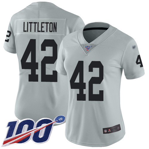 Nike Raiders #42 Cory Littleton Silver Women's Stitched NFL Limited Inverted Legend 100th Season Jersey Nike Raiders #42 Cory Littleton Silver Women's Stitched NFL Limited Inverted Legend 100th Season Jersey