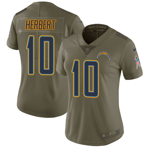 Nike Chargers #10 Justin Herbert Olive Women's Stitched NFL Limited 2017 Salute To Service Jersey