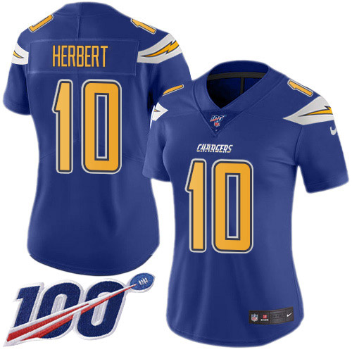Nike Chargers #10 Justin Herbert Electric Blue Women's Stitched NFL Limited Rush 100th Season Jersey