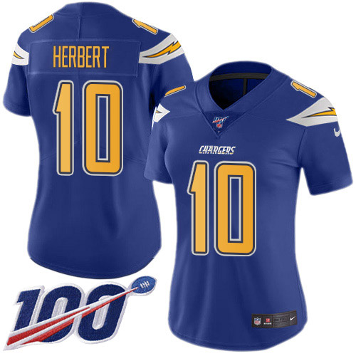 Nike Chargers #10 Justin Herbert Electric Blue Women's Stitched NFL Limited Rush 100th Season Jersey Nike Chargers #10 Justin Herbert Electric Blue Women's Stitched NFL Limited Rush 100th Season Jersey