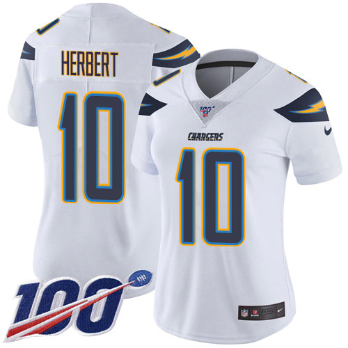 Nike Chargers #10 Justin Herbert White Women's Stitched NFL 100th Season Vapor Untouchable Limited Jersey