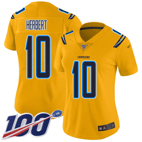 Nike Chargers #10 Justin Herbert Gold Women's Stitched NFL Limited Inverted Legend 100th Season Jersey Nike Chargers #10 Justin Herbert Gold Women's Stitched NFL Limited Inverted Legend 100th Season Jersey