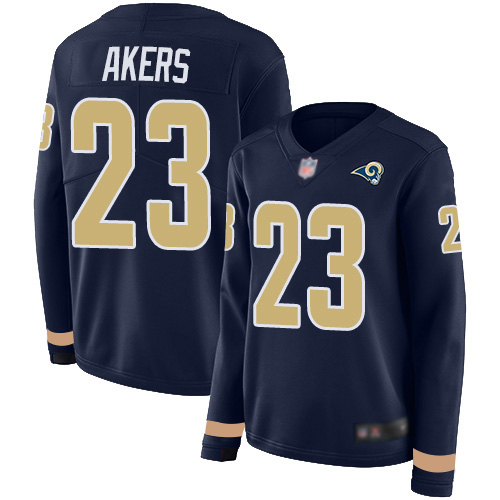 Nike Rams #23 Cam Akers Navy Blue Team Color Women's Stitched NFL Limited Therma Long Sleeve Jersey