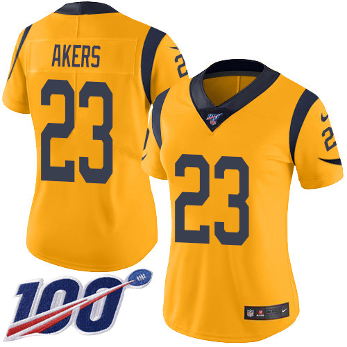 Nike Rams #23 Cam Akers Gold Women's Stitched NFL Limited Rush 100th Season Jersey