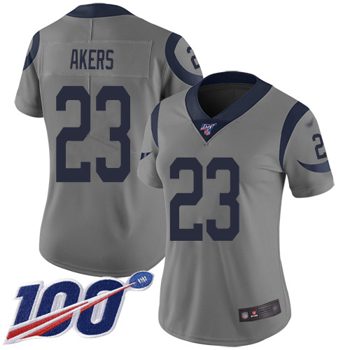 Nike Rams #23 Cam Akers Gray Women's Stitched NFL Limited Inverted Legend 100th Season Jersey