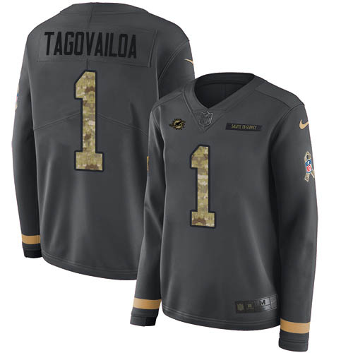 Nike Dolphins #1 Tua Tagovailoa Anthracite Salute to Service Women's Stitched NFL Limited Therma Long Sleeve Jersey