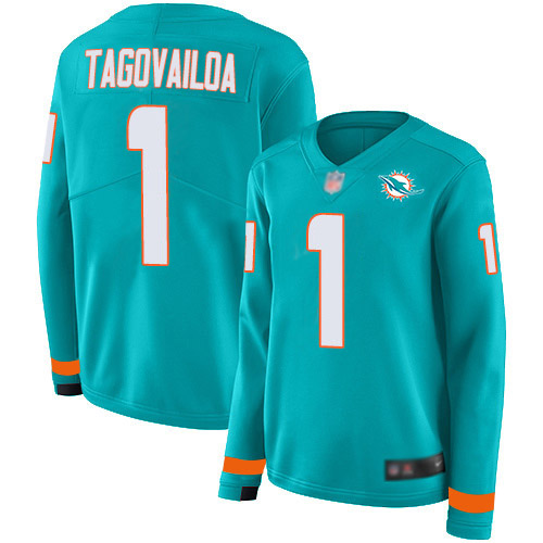 Nike Dolphins #1 Tua Tagovailoa Aqua Green Team Color Women's Stitched NFL Limited Therma Long Sleeve Jersey