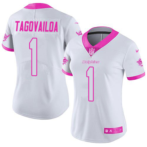 Nike Dolphins #1 Tua Tagovailoa White/Pink Women's Stitched NFL Limited Rush Fashion Jersey