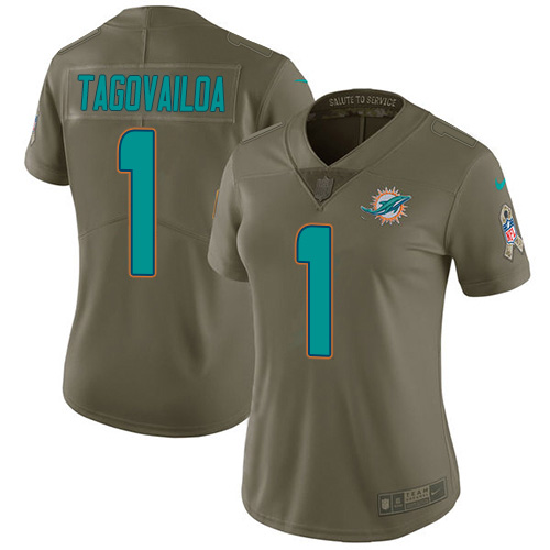 Nike Dolphins #1 Tua Tagovailoa Olive Women's Stitched NFL Limited 2017 Salute To Service Jersey