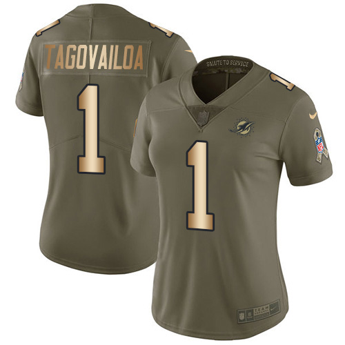 Nike Dolphins #1 Tua Tagovailoa Olive/Gold Women's Stitched NFL Limited 2017 Salute To Service Jersey